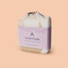Pink and white soap bar with label