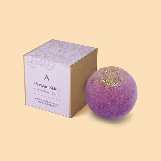 Persian Skies fig and pomegranate bath bomb with box