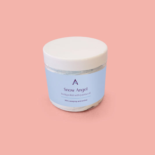 large blue and white body scrub in pot