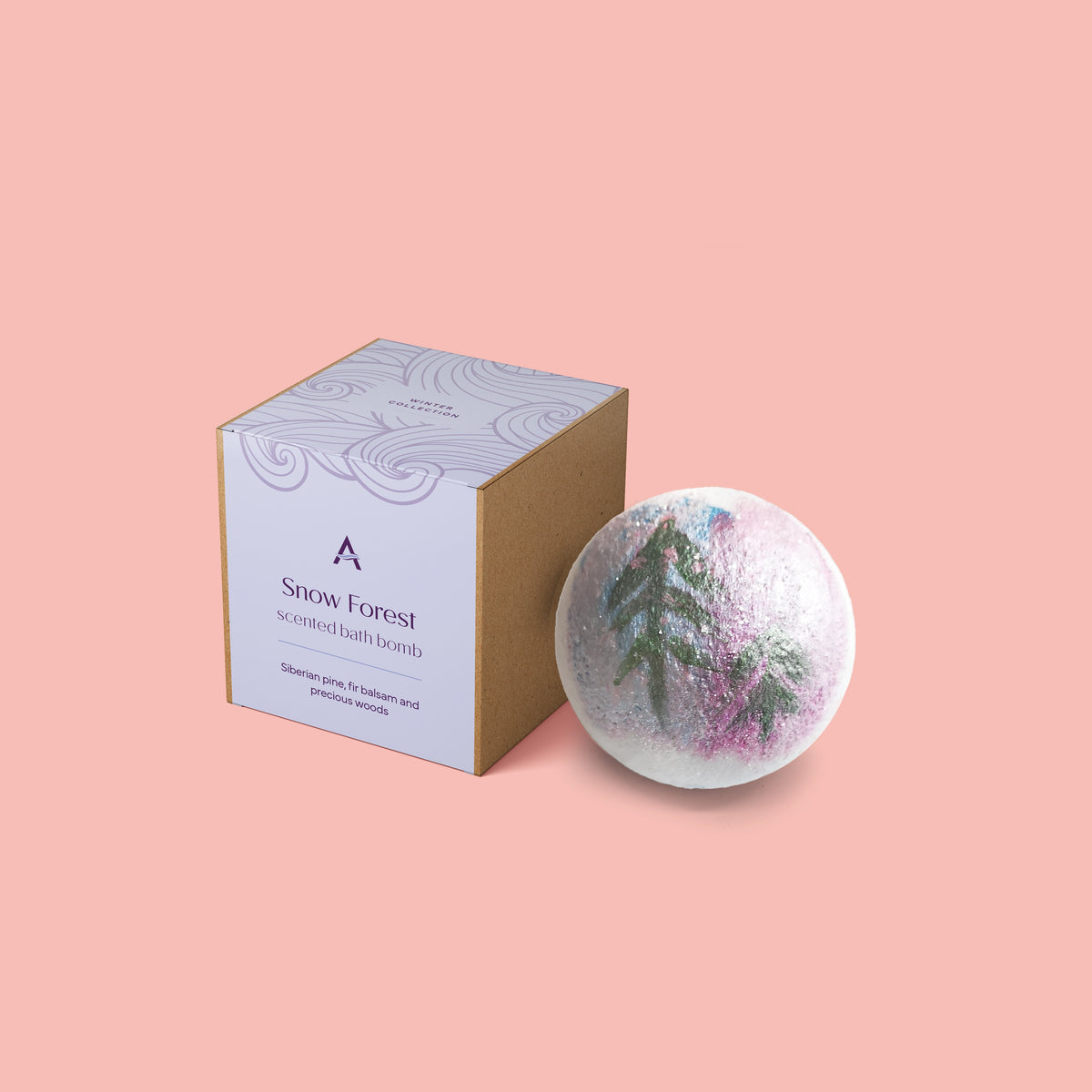 Vegan snow forest bath bomb inspired by snowy woodland with pine and fir fragrance and hand-painted snow forest scene
